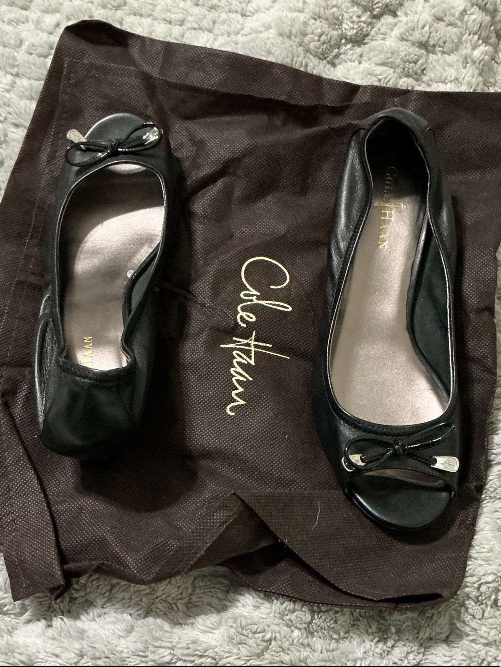 Cole Haan Black Leather Peep-Toe Flats with Bow Detail